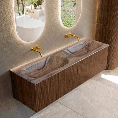 Badmeubel Mondiaz Kurve-Dlux | 150 cm | Meubelkleur Walnut | Wastafelkleur Sombra | Solid surface | Wasbak beide zijden spoelbak | Zonder kraangat(en)
