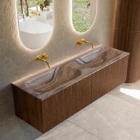 Badmeubel Mondiaz Kurve-Dlux | 150 cm | Meubelkleur Walnut | Wastafelkleur Sombra | Solid surface | Wasbak beide zijden spoelbak | Zonder kraangat(en)