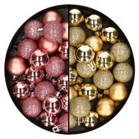 40x stuks kunststof kerstballen 3 cm goud en roze - Kerstbal - thumbnail