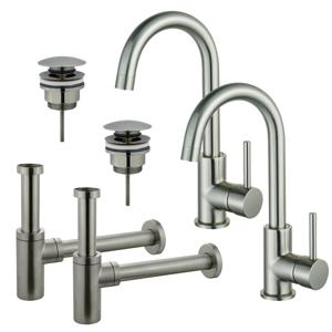 Fortifura Calvi Wastafelkraanset - voor dubbele wastafel - hoge wastafelkraan - draaibare uitloop - klikwaste plug - design sifon - Geborsteld RVS PVD (RVS) 2x SW809348/2x SW696201/2x SW696212