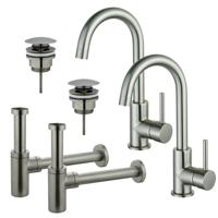 Fortifura Calvi Wastafelkraanset - voor dubbele wastafel - hoge wastafelkraan - draaibare uitloop - klikwaste plug - design sifon - Geborsteld RVS PVD (RVS) 2x SW809348/2x SW696201/2x SW696212