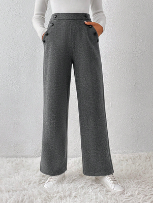 Plain Casual High Waist Button Detail Pants
