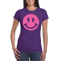 Verkleed T-shirt voor dames - smiley - paars - carnaval/foute party - feestkleding - thumbnail