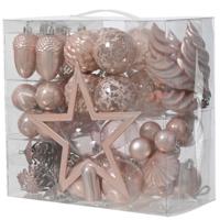 Decoris kerstballen, ornamenten en piek set - 60-delig - lichtroze - kunststof