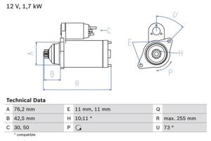 Startmotor / Starter BOSCH, Spanning (Volt)12V, u.a. für VW, Audi, Seat, Skoda