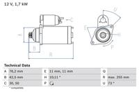 Startmotor / Starter BOSCH, Spanning (Volt)12V, u.a. für VW, Audi, Seat, Skoda