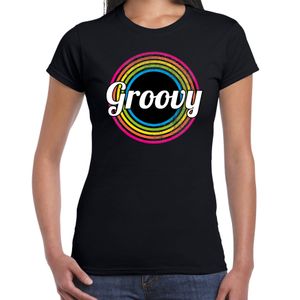 Groovy verkleed t-shirt zwart voor dames - 70s, 80s party verkleed outfit