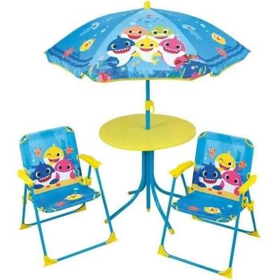 FUN HOUSE Baby Shark Tuinmeubels - 1 tafel H.46xø46 cm, 2 stoelen H.53xB.38.5xD.37.5 cm en 1 parasol H.125 x ø100 cm