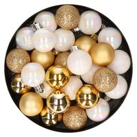 28x stuks kunststof kerstballen parelmoer wit en goud mix 3 cm - thumbnail