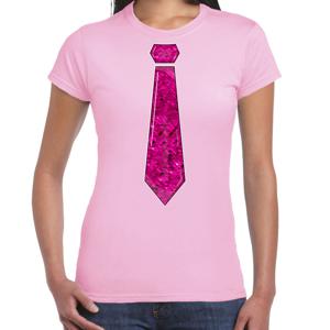 Verkleed t-shirt voor dames - stropdas roze - pailletten - licht roze - carnaval - foute party