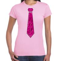 Verkleed t-shirt voor dames - stropdas roze - pailletten - licht roze - carnaval - foute party - thumbnail