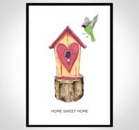 Poster tekst 'home sweet home' en vogelhuis