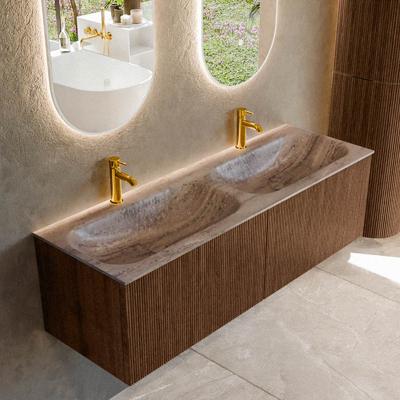 Badmeubel Mondiaz Kurve-Dlux | 140 cm | Meubelkleur Walnut | Wastafelkleur Oza | Solid surface | Wasbak beide zijden spoelbak | 2 kraangaten