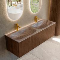 Badmeubel Mondiaz Kurve-Dlux | 140 cm | Meubelkleur Walnut | Wastafelkleur Oza | Solid surface | Wasbak beide zijden spoelbak | 2 kraangaten