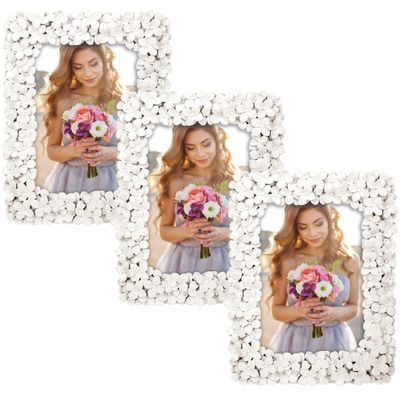3x stuks kunststof fotolijst witte bloemen geschikt voor een foto van 15 x 20 cm