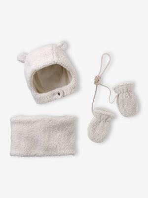 Babyset muts, snood en wanten baby in sherpa ecru