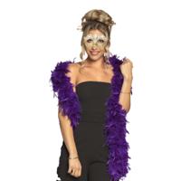 Venetiaans oogmasker in het goud - Met dikke veren Boa in het paars - 180 cm - Dames