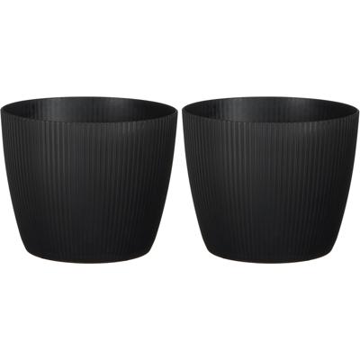 Plantenpot/bloempot kunststof zwart ribbels patroon - 2x stuks - D19/H19 cm