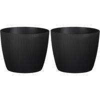 Plantenpot/bloempot kunststof zwart ribbels patroon - 2x stuks - D19/H19 cm