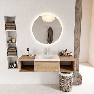 MONDIAZ BUKLA 140cm badmeubel met open module 40 L+R kleur Washed Oak met 2 lades. Wastafel CLOUD midden 1 kraangat kleur Talc.