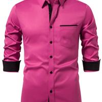 Bon&Bon Men's Dark Grey Long Sleeve Pocket Casual Shirt | Regular Fit Hot Pink / XXL