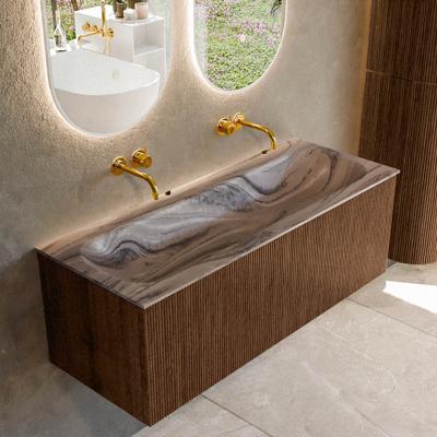 Badmeubel Mondiaz Kurve-Dlux | 120 cm | Meubelkleur Walnut | Wastafelkleur Sombra | Solid surface | Wasbak midden spoelbak | Zonder kraangat(en)