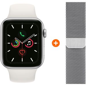 Apple Watch Series 5 40mm Zilver Witte Sportband + Polsband Milanees Zilver