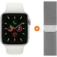 Apple Watch Series 5 40mm Zilver Witte Sportband + Polsband Milanees Zilver - thumbnail
