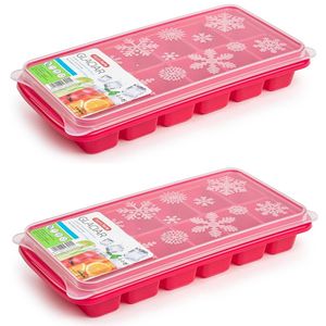 2x stuks Trays met ijsblokjes/ijsklontjes vormpjes 12 vakjes kunststof roze met deksel - IJsblokjesvormen
