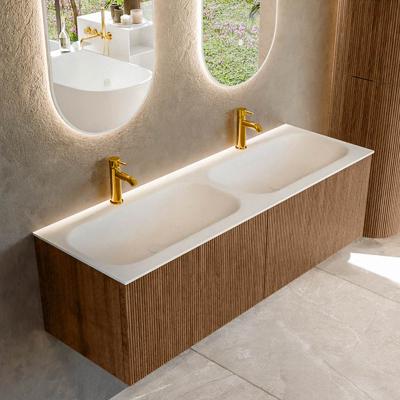 Mondiaz KURVE 140 cm Onderkast Greeploos 2 Lades Zonder Deuren Walnut, Wastafel Solid Surface Dubbel Talc 2 Kraangaten Zonder Spiegel (KRVBGS1402L0D2KD-Wal/Tal)