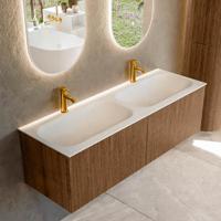 Mondiaz KURVE 140 cm Onderkast Greeploos 2 Lades Zonder Deuren Walnut, Wastafel Solid Surface Dubbel Talc 2 Kraangaten Zonder Spiegel (KRVBGS1402L0D2KD-Wal/Tal)
