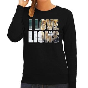 Tekst sweater I love lions met dieren foto van een leeuw zwart voor dames