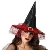 Halloween heksenhoed - met sluier  - one size - zwart/rood - meisjes/dames   -