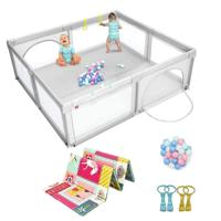 Baby Speelbox Grote Babybox Draagbare Box met Opvouwbaar Babymat Grondbox 206 x 185,5 x 68 cm Grijs + Speelmat Roze