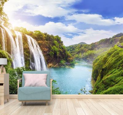 Waterval fotobehang Waterval en bergen