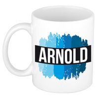 Naam cadeau mok / beker Arnold met blauwe verfstrepen 300 ml - thumbnail