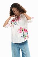 Blouse met lange mouwen en geplooide bloemen - WHITE - XS