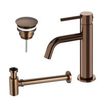 Fortifura Calvi Slim Wastafelkraanset - lage wastafelkraan - always open plug - verlaagde design sifon - Geborsteld koper PVD (Koper) SW799405 / SW970029 / SW799403