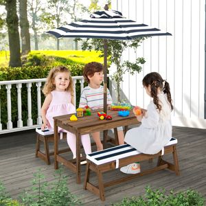 Kinderen Picknicktafel met Paraplu Houten Tafel en Bank Set met Kussens Activiteitentafels en Stoelen voor Kinderen Binnen Buiten Blauw