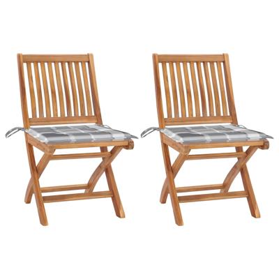 Tuinstoelen 2 st met grijs geruite kussens massief teakhout
