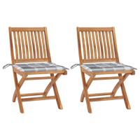 Tuinstoelen 2 st met grijs geruite kussens massief teakhout