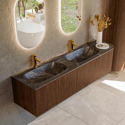 Badmeubel Mondiaz Kurve-Dlux | 175 cm | Meubelkleur Walnut | Wastafelkleur Lava | Solid surface | Dubbele spoelbak | 2 kraangaten