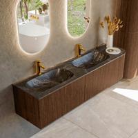 Badmeubel Mondiaz Kurve-Dlux | 175 cm | Meubelkleur Walnut | Wastafelkleur Lava | Solid surface | Dubbele spoelbak | 2 kraangaten