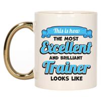 Cadeau koffie/thee mok - excellent trainer/coach - goud/blauw - keramiek - 300 ml