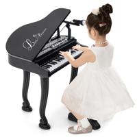 Kindertoetsenbord met 37 Toetsen en Kruk Elektronisch Pianotoetsenbord met Microfoon LED-Leer-Modus Opname- en Afspeelfunctie (Zwart)