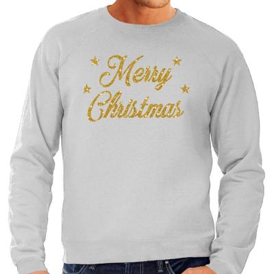 Foute Kersttrui - sweater - Merry Christmas - goud / glitter - grijs - heren - kerstkleding