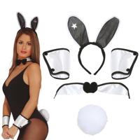Sexy bunny verkleed set - staart/strikje/oren/armbanden - wit/zwart - dames - 4-delig