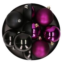 Decoris kerstballen - 12x st - 8 cm - zwart en paars - kunststof - Kerstbal - thumbnail