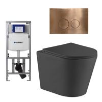 QeramiQ Dely Toiletset - 36.3x51.7cm - diepspoel - rimless - Geberit UP320 Burda inbouwreservoir - softclose toiletzitting - koperen bedieningsplaat - ronde knoppen - zwart mat SW1026253/0701131/SW706196/SW1000768