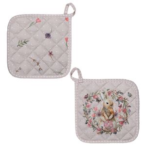 HAES DECO - Set van 2 Pannenlappen - 20x20 cm - 100% Katoen - Happy Bunny